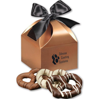 Chocolate Dipped Pretzels in Gold Gift Boxes