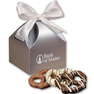 Chocolate Dipped Pretzels in Silver Gift Boxes