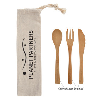 Three Piece Bamboo Utensil Sets in Travel Pouches