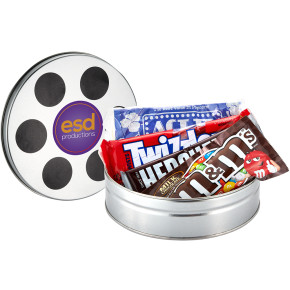 Small Film Reel Tin (3 Theater size candies and 1 Micro Popcorn)